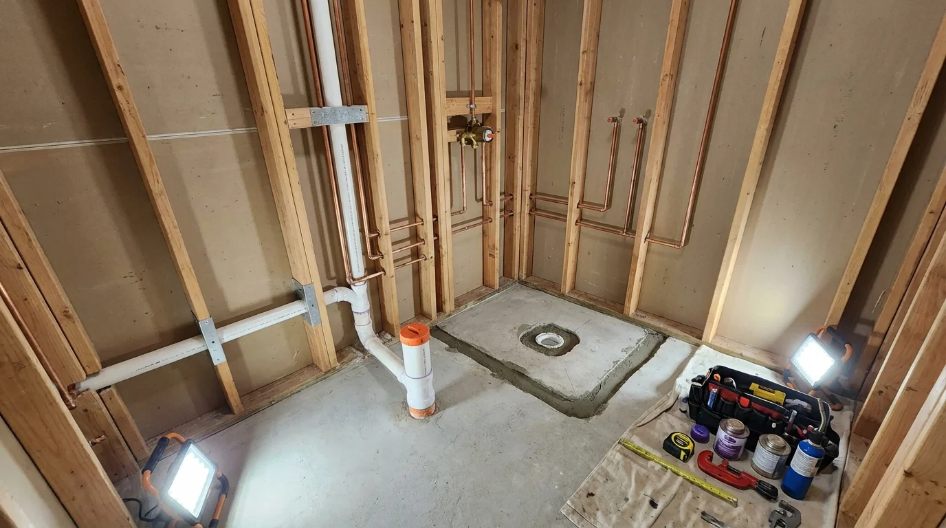 Bathroom rough-in plumbing during remodel by Johns Plumbing LLC in Cross Plains