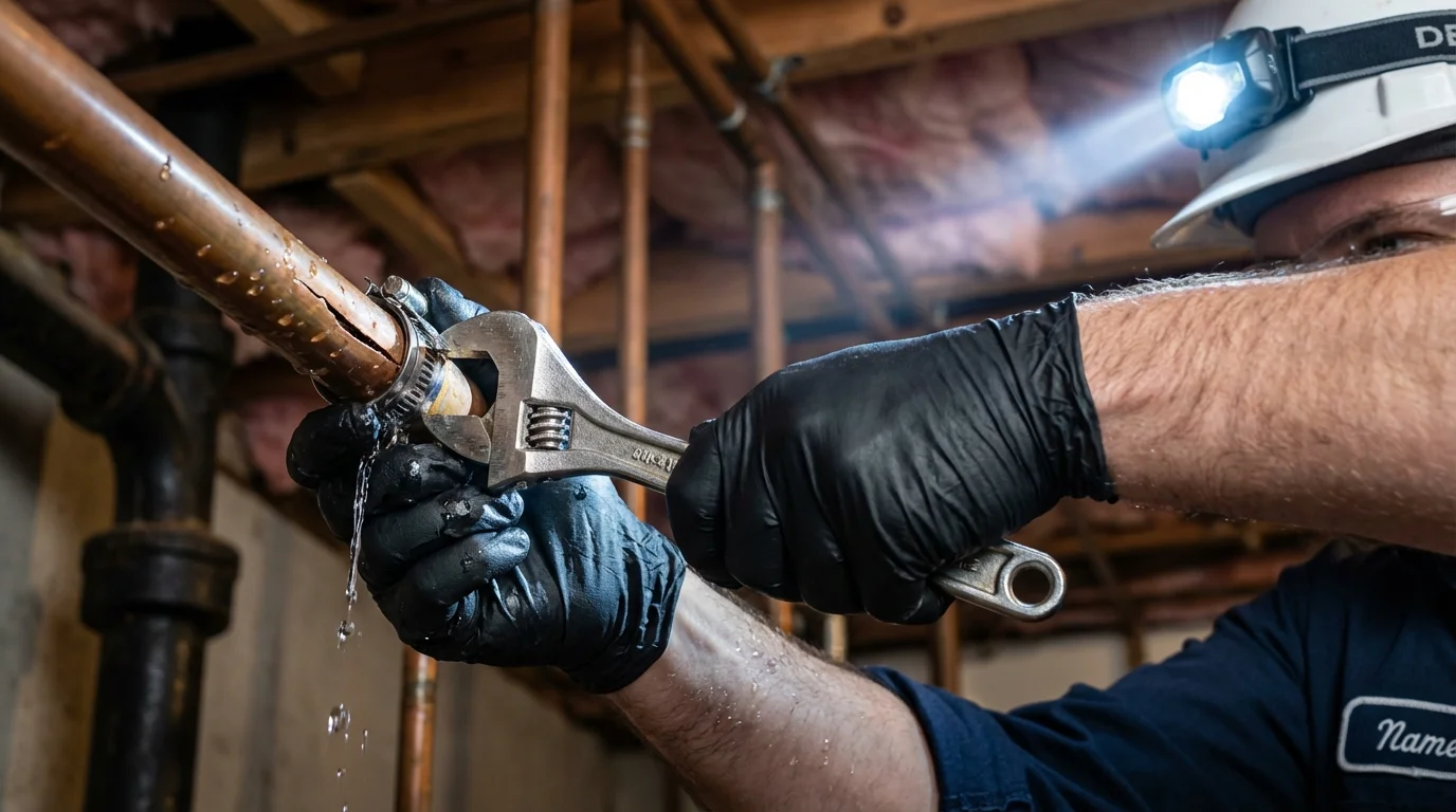 Emergency pipe clamp repair being performed by a Johns Plumbing LLC plumber in Cross Plains