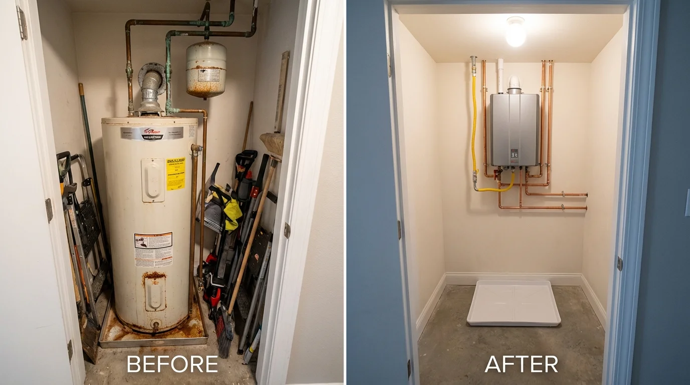 Tank water heater versus wall-mounted tankless unit comparison for Cross Plains, WI homeowners