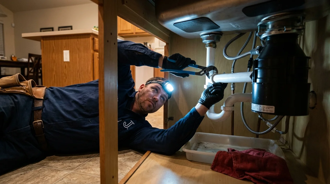 P-trap and supply line connections under a kitchen sink showing a common leak point in Cross Plains, WI